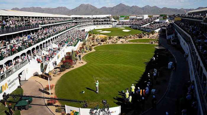 Charley Hoffman plays his tee shot on the 16th hole during the final round of the 2023 WM Phoenix Open at TPC Scottsdale.